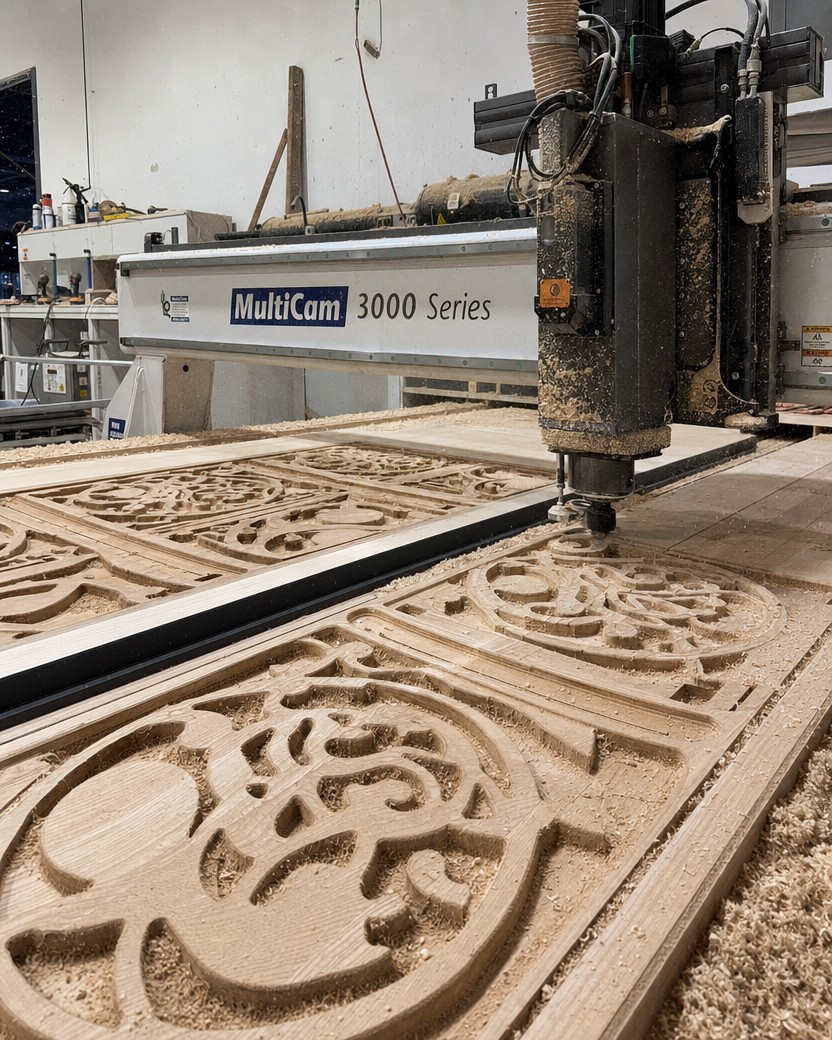 MultiCam CNC router carving wooden sign panels