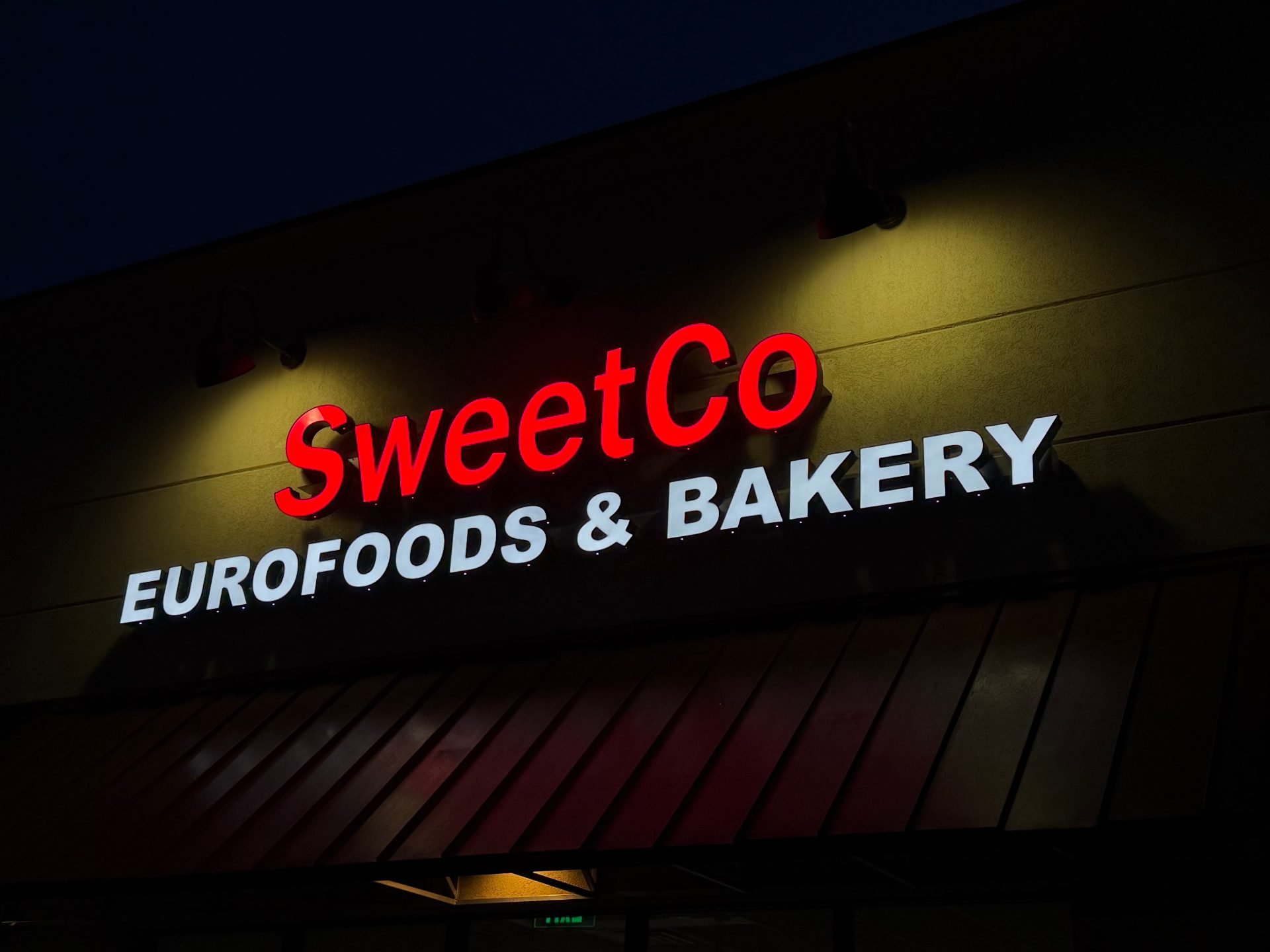 Channel Letters for SweetCo Eurofoods & Bakery in Long Beach, CA
